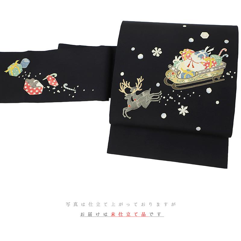 秀美 名古屋帯 クリスマス 十日町友禅 正絹 黒地 トナカイ そり