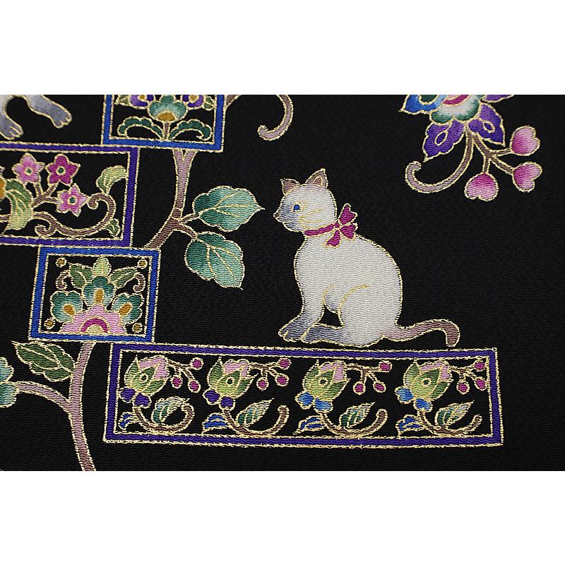 名古屋帯 岡重 猫 黒地 花唐草 唐花 更紗 新品 未仕立て 九寸