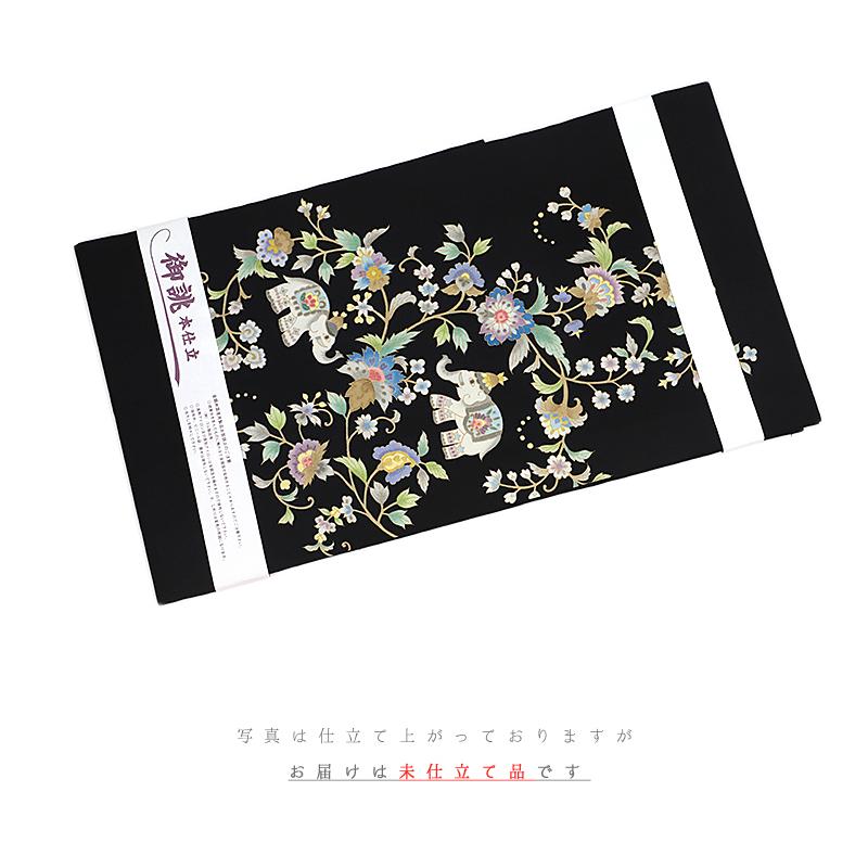 名古屋帯 岡重 黒地 象 花唐草 唐花 更紗 最塩瀬 友禅染 新品 未 名古屋帯 岡重 黒地 象 花唐草 唐花 更紗 最塩瀬 友禅染 新品 未