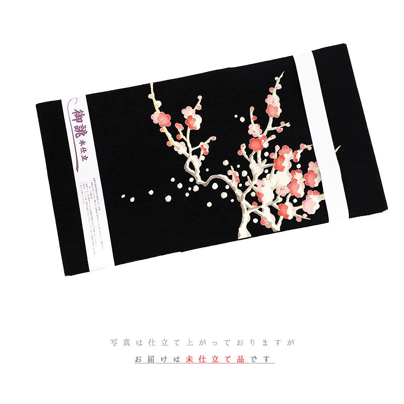 名古屋帯 秀美 十日町友禅 正絹 黒地 梅 ウメ 雪持ち 浜ちりめん 特選