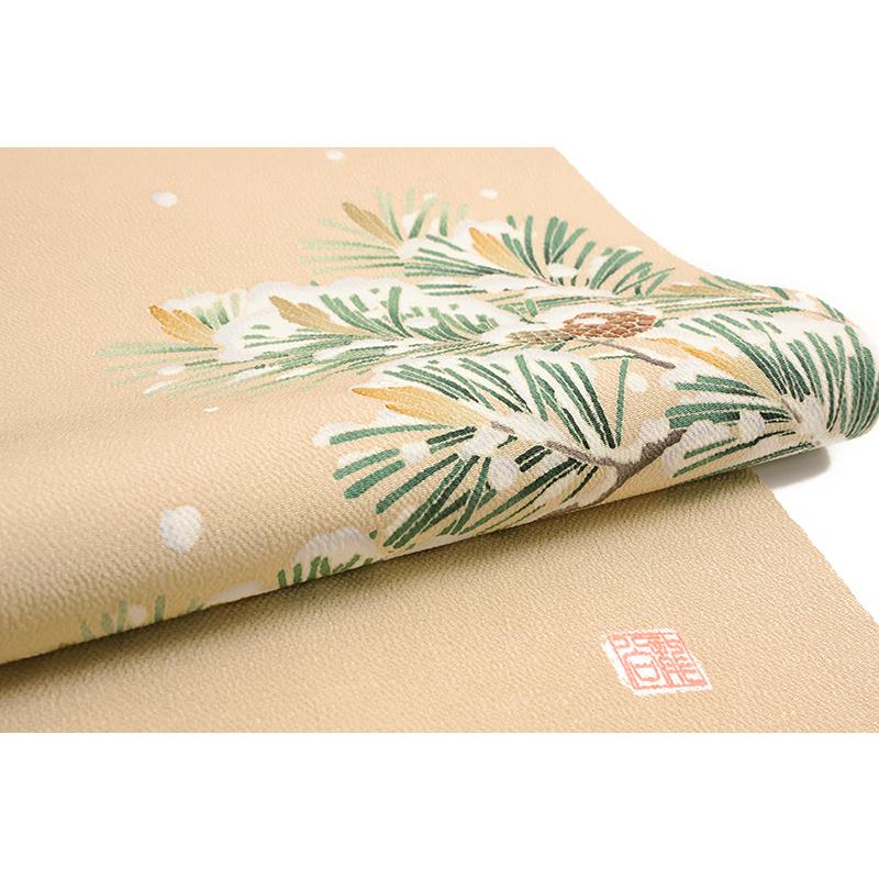 正絹　上質な訪問着　袷　松柄　ちりめん 名古屋帯 秀美 十日町友禅 ベージュ 松 松ぼっくり 雪 雪持ち松 正絹