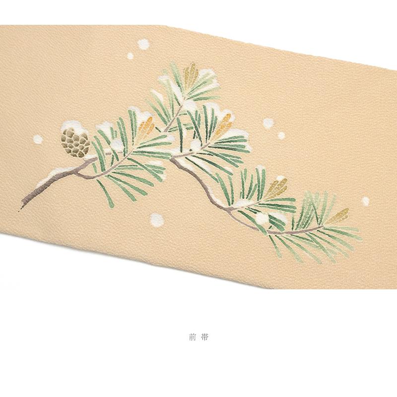 名古屋帯 秀美 十日町友禅 ベージュ 松 松ぼっくり 雪 雪持ち松 正絹