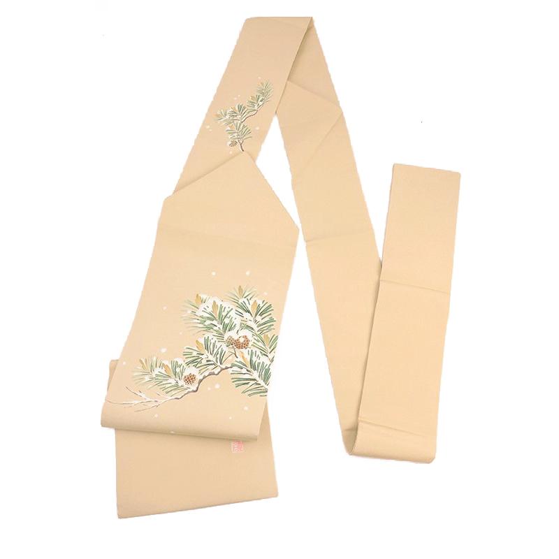 名古屋帯 秀美 十日町友禅 ベージュ 松 松ぼっくり 雪 雪持ち松 正絹