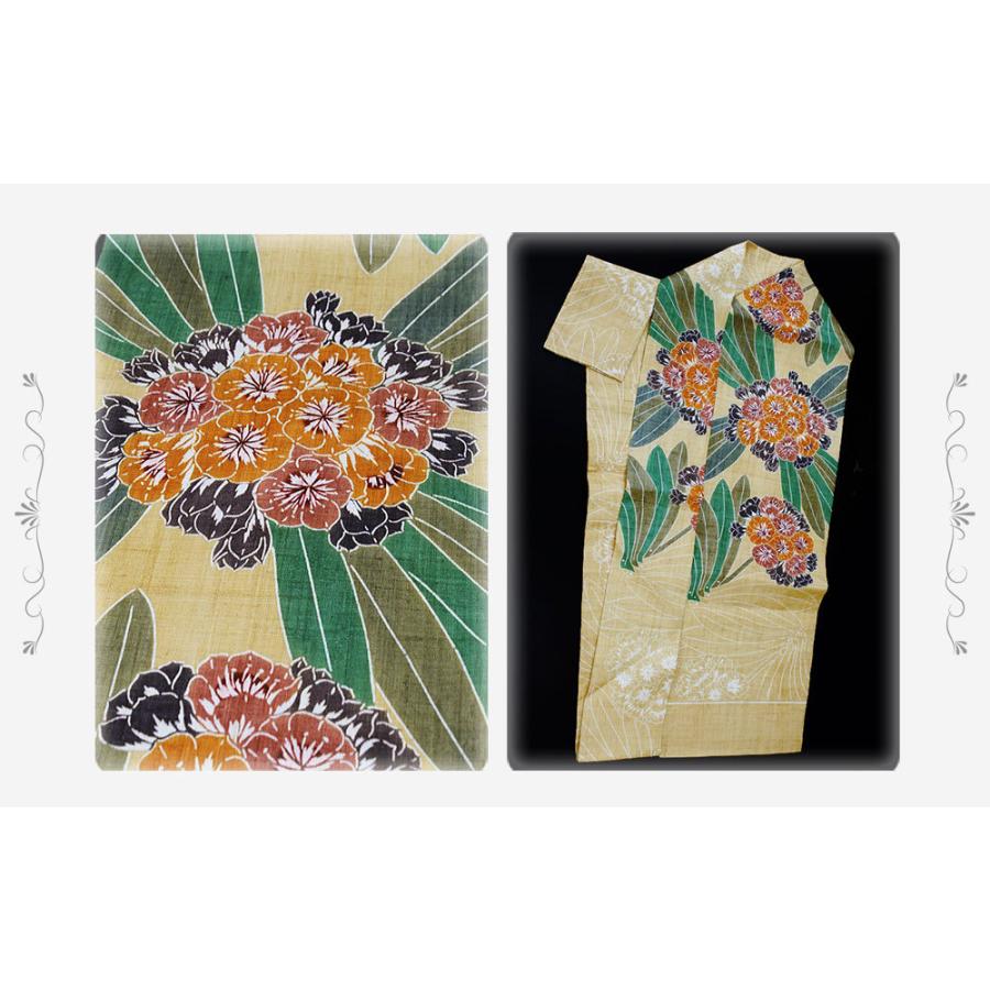 栗山吉三郎 名古屋帯 栗山紅型 和染紅型 紅型染 山吹色 君子蘭 九寸 麻 