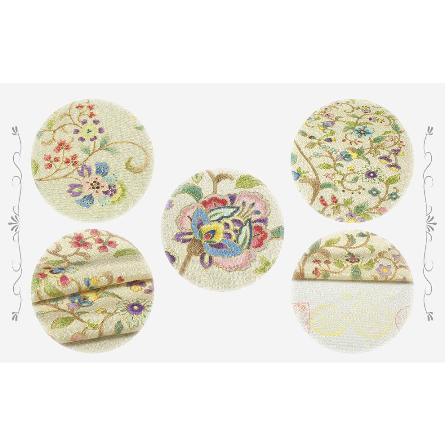 名古屋帯 岡重 九寸 反物 アイボリー 地 唐花 更紗 模様 正絹 浜ちりめん 岡重謹製 国産生糸100％ 老舗 岡重 金 金彩加工 新品 No.88-1748の画像