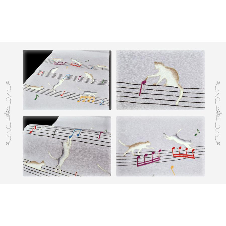 名古屋帯 十日町友禅 秀美 薄 灰 藤 猫 五線譜 音符 ねこ ネコ 楽譜 九寸 反物 正絹 本加工友禅 九寸 新品 未仕立て お洒落着 No.88-1816の画像