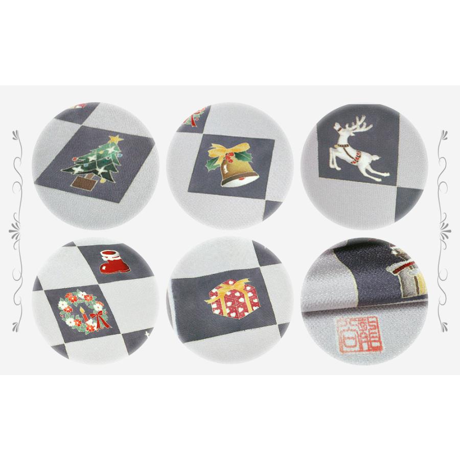 名古屋帯 十日町友禅 秀美 薄 灰 藤 クリスマス Xmas Christmas ベル ツリー プレゼント 九寸 反物 正絹 本加工友禅 九寸 新品 No.88-1817の画像