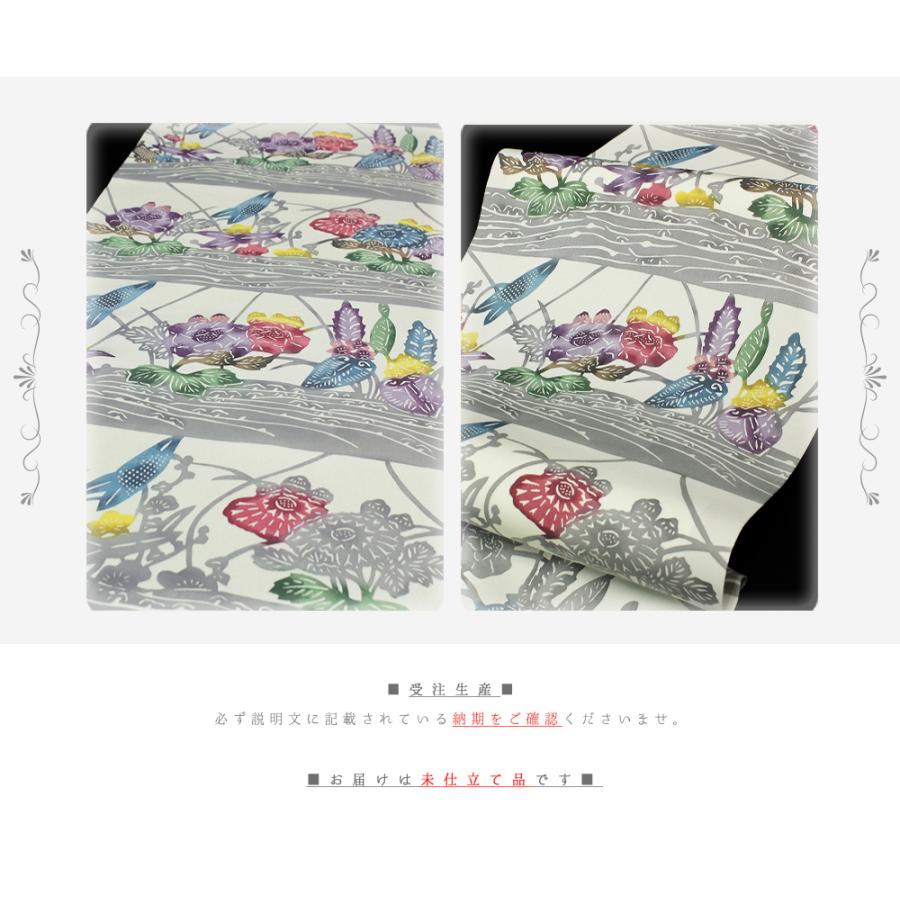 名古屋帯 正絹 カジュアル 江戸紅型 白地 横段 牡丹 花 花柄 正絹 紅型染 塩瀬 五泉 新品 九寸 未仕立て お洒落着 着物 受注生 No.88-1851の画像