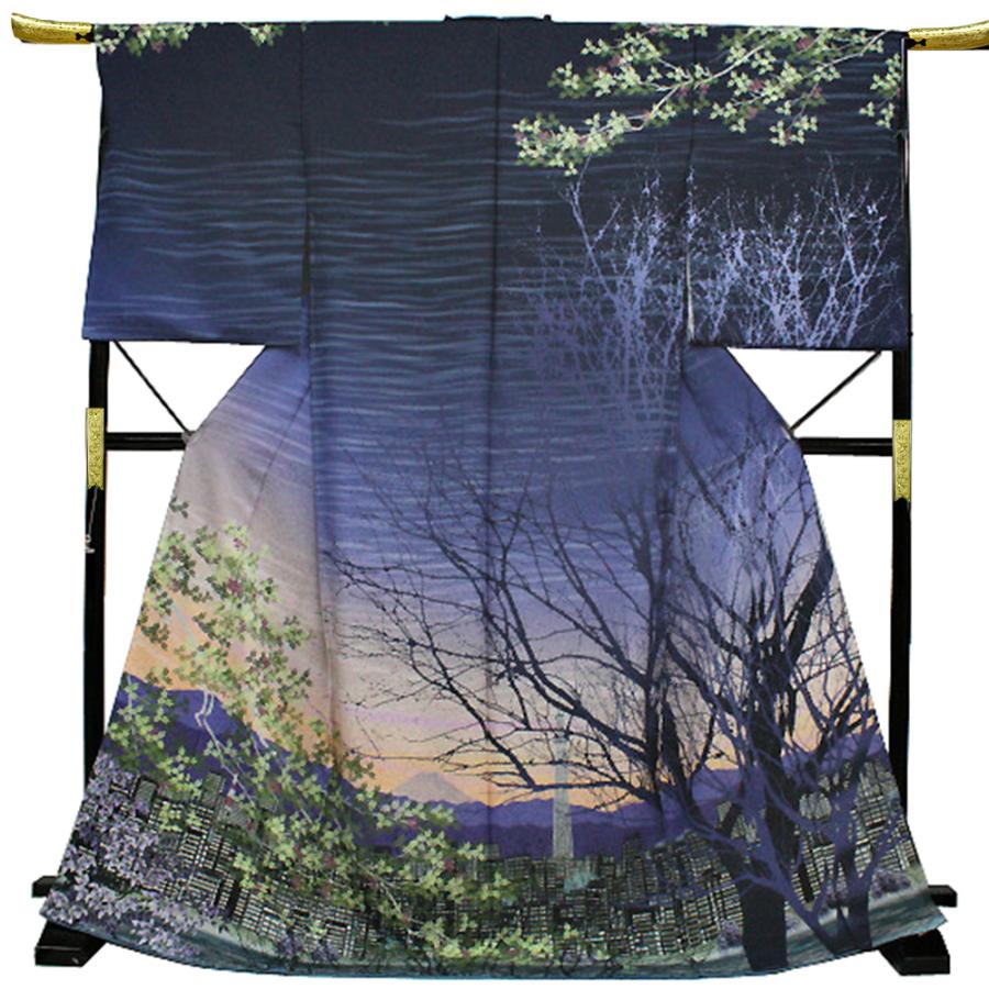 訪問着 富士山 桜 楓 風景画 仮絵羽 未仕立て品 銀通し 紋意匠 正絹