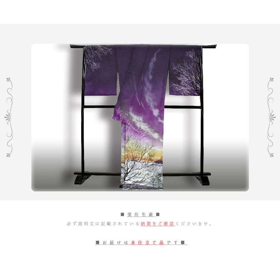 訪問着 着物 富士山 正絹 結婚式 礼装用 世界文化遺産 日本シリーズ あけぼの富士山 濃紫色 正絹 仮絵羽 未仕立て 反物 最高級 No.88-1860の画像