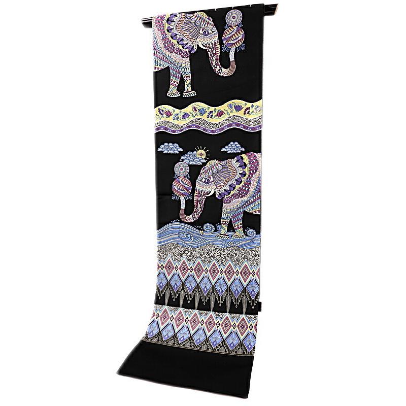 袋帯 西陣織 大光 正絹 黒地 象 ぞう 動物 菱 幾何学 波 流水 アジ