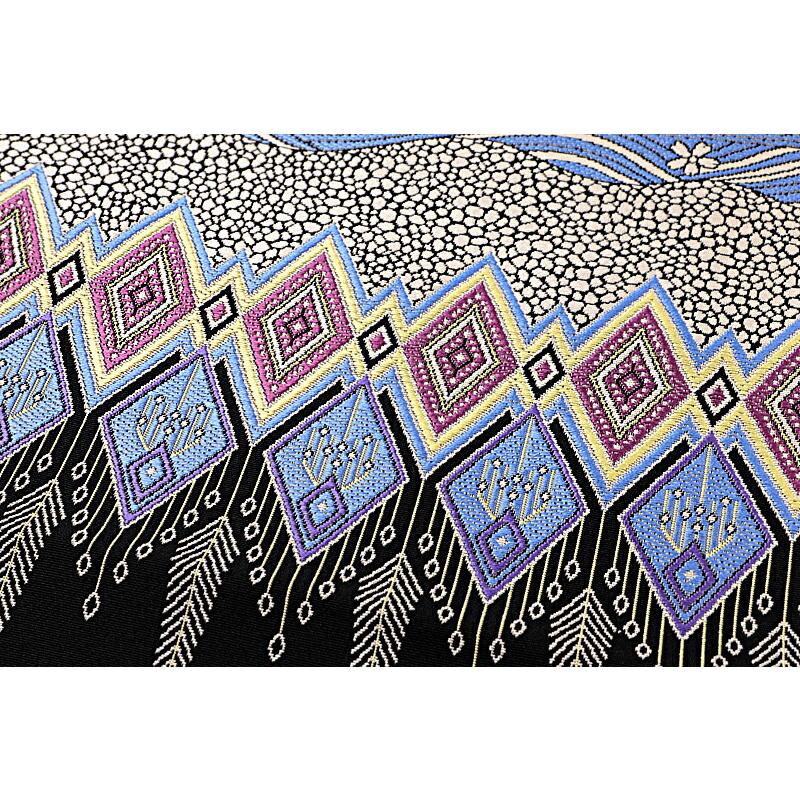 袋帯 西陣織 大光 正絹 黒地 象 ぞう 動物 菱 幾何学 波 流水 アジ