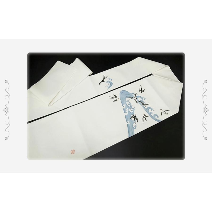 名古屋帯 夏物 十日町友禅 秀美 未仕立て 正絹 絽塩瀬 染帯 燕 波 オフ 