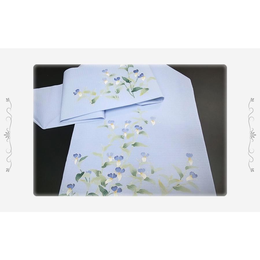 名古屋帯 夏物 カジュアル 十日町友禅 秀美 未仕立て 正絹 絽塩瀬 染帯 露草 水色 九寸帯 カジュアル 着物 No.88-2023の画像