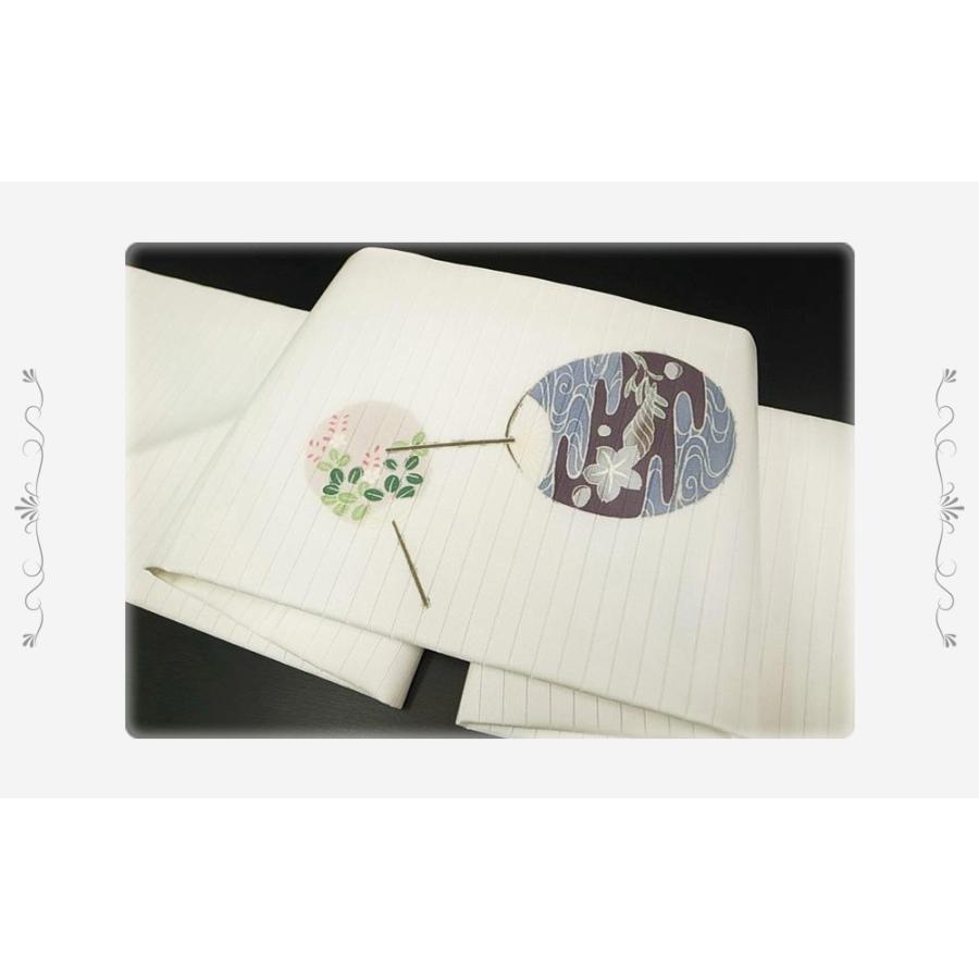 夏物 名古屋帯 カジュアル 十日町友禅 秀美 正絹 新品 未仕立て うちわ 塩瀬染 九寸名古屋帯 白地 着物 受注生産 No.88-2026の画像