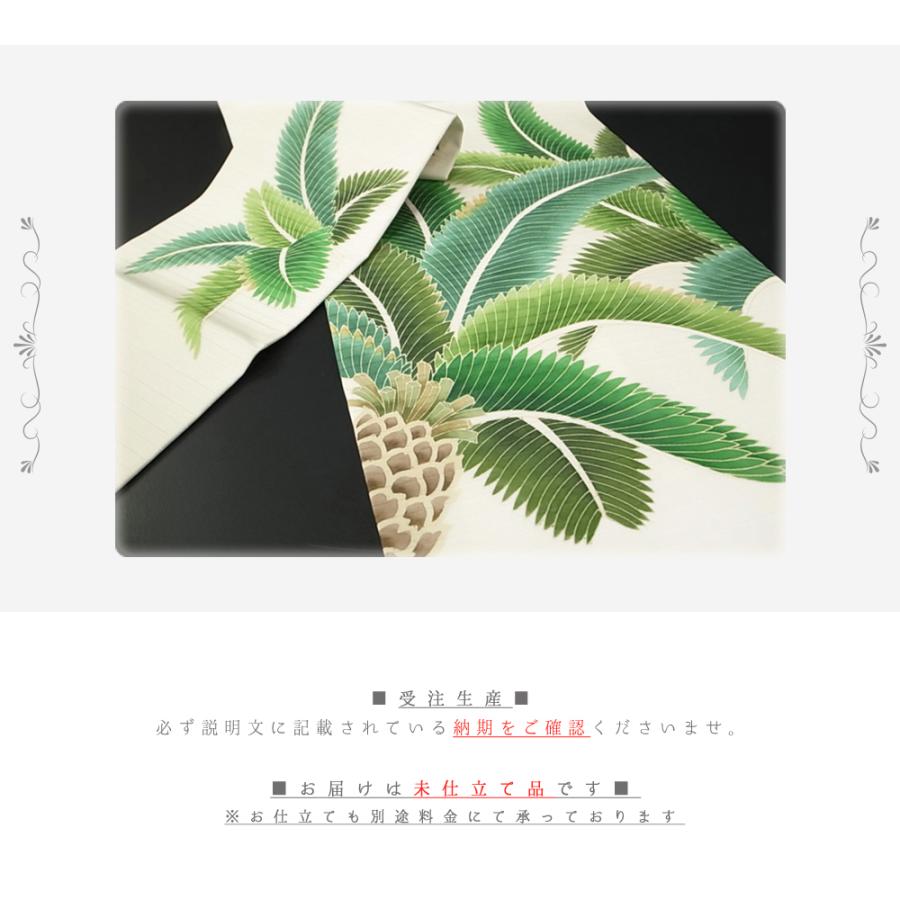 夏物 九寸名古屋帯 未仕立て 十日町手挿し友禅 秀美 染帯 絽 塩瀬 五泉 カジュアル 蘇鉄 白地 緑 着物 受注生産 No.88-2032の画像