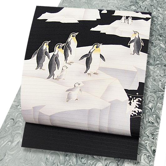 夏物 名古屋帯 正絹 十日町友禅 秀美 五泉 塩瀬 絽 染帯 ペンギン 黒地  