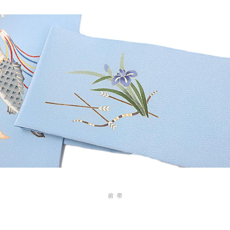 名古屋帯 秀美 十日町友禅 正絹 浜ちりめん 水色 兜 鯉のぼり 菖蒲