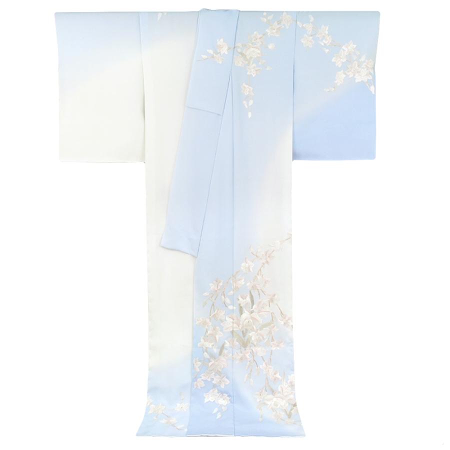 手刺繍 訪問着 正絹 水色 青 空色 蘭 胡蝶蘭 百合 カトレア 古典 仮絵