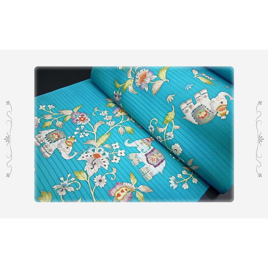 岡重 名古屋帯 夏物 名古屋帯 カジュアル 象更紗 夏塩瀬 反物 トルコブルー 夏帯 夏 手描き友禅 友禅染 お洒落着 九寸 おしゃれ No.88-2321の画像