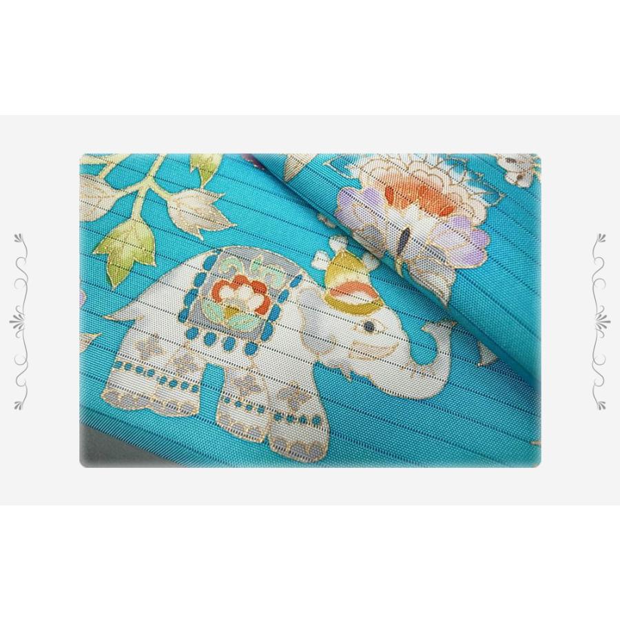 岡重 名古屋帯 夏物 カジュアル 象更紗 夏塩瀬 反物 トルコブルー 夏帯 