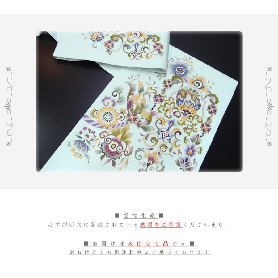 岡重 名古屋帯 駒塩瀬 九寸 青磁色 水色 青 未仕立て品 正絹 更紗文様 金彩 染帯 九寸帯 反物 手描き友禅 友禅染 お洒落着 カジ No.88-2325の画像