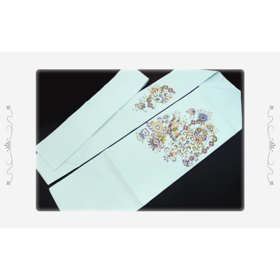 岡重 名古屋帯 駒塩瀬 九寸 青磁色 水色 青 未仕立て品 正絹 更紗文様 金彩 染帯 九寸帯 反物 手描き友禅 友禅染 お洒落着 カジ No.88-2325の画像