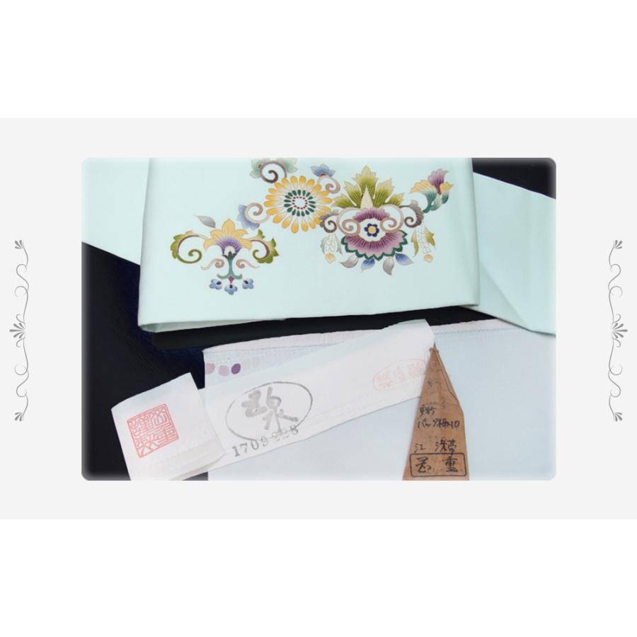 岡重 名古屋帯 駒塩瀬 九寸 青磁色 水色 青 未仕立て品 正絹 更紗文様 金彩 染帯 九寸帯 反物 手描き友禅 友禅染 お洒落着 カジ No.88-2325の画像