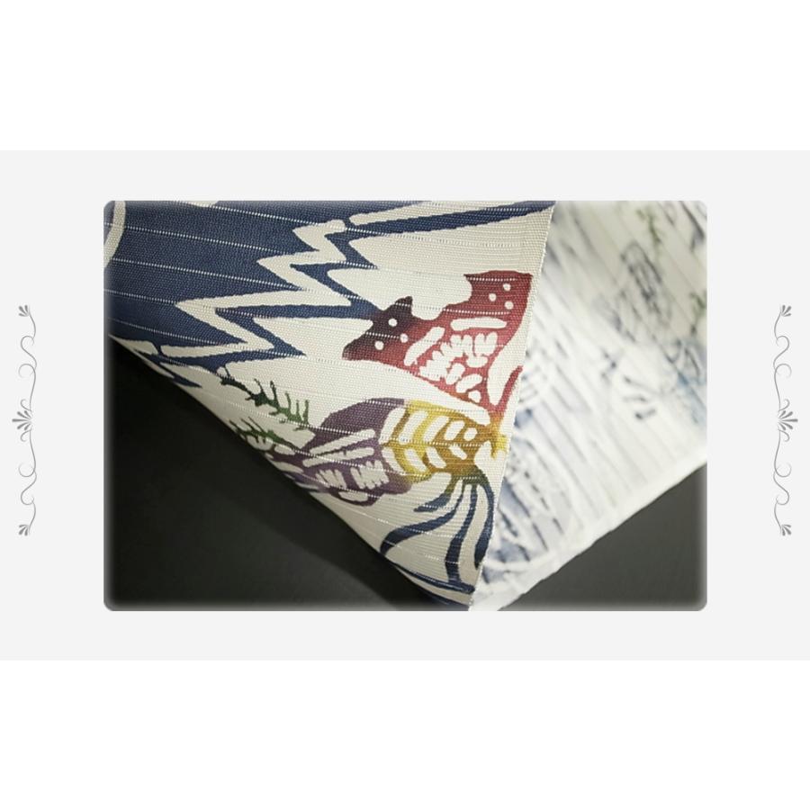 夏物 名古屋帯 江戸紅型 紅型染 和染紅型 絽 駒塩瀬 五泉 白地 藍色 紺 青 貝 海 水 正絹 友禅染 九寸 未仕立て 反物 夏帯 染帯 No.88-2463の画像