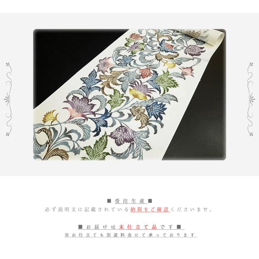 夏物 名古屋帯 江戸紅型 紅型染 和染紅型 絽 駒塩瀬 五泉 白地 藍色 紺 青 赤 ピンク 紫 更紗 正絹 友禅染 九寸 未仕立て 反物 No.88-2464の画像