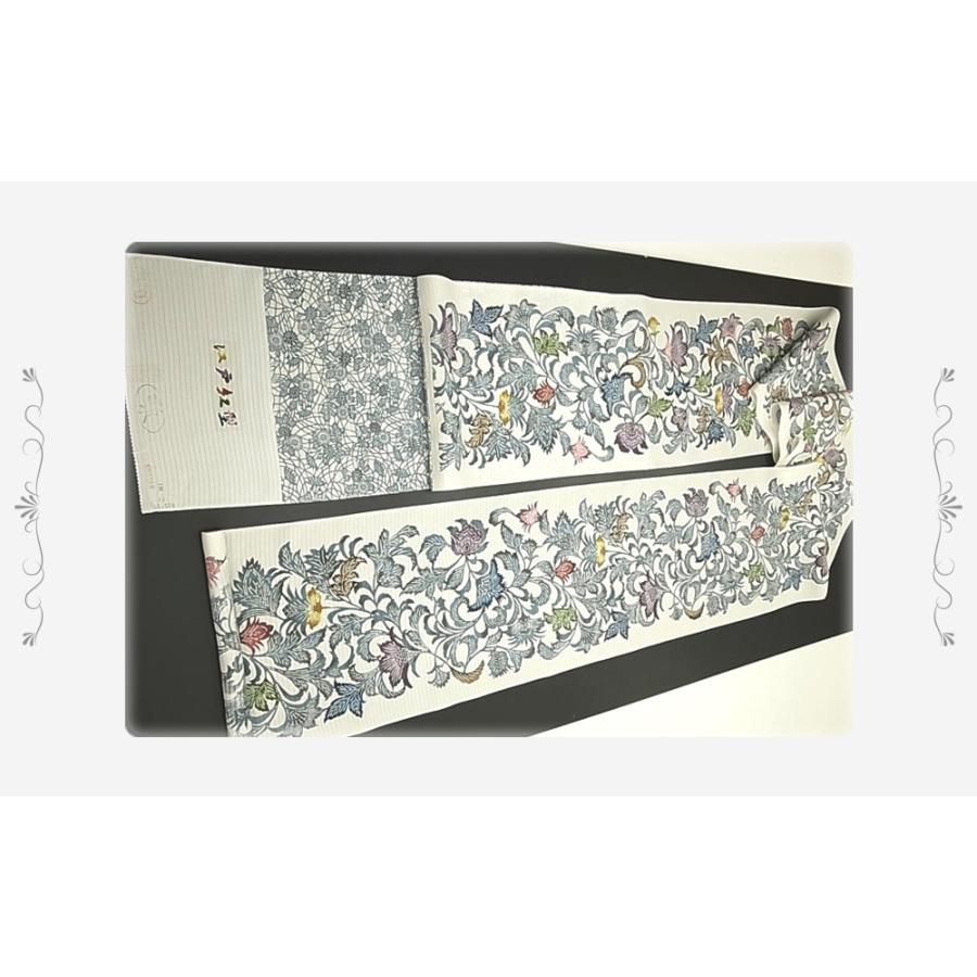 夏物 名古屋帯 江戸紅型 紅型染 和染紅型 絽 駒塩瀬 五泉 白地 藍色 紺 青 赤 ピンク 紫 更紗 正絹 友禅染 九寸 未仕立て 反物 No.88-2464の画像