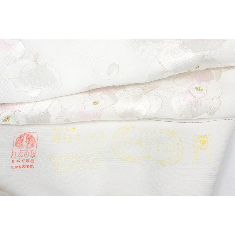 訪問着 手刺繍 正絹 丹後ちりめん 仮絵羽 白地 桜 胡蝶蘭 金糸 古典 未 