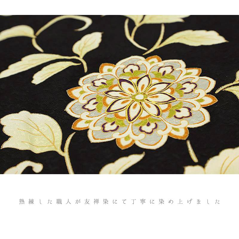 訪問着 正絹 京の名門「万葉染織」 手摺り友禅 丹後ちりめん 本加工友禅 黒地 花唐草 華文 花文 花 葉 古典 未仕立て 仮絵羽 結 No.88-2530の画像