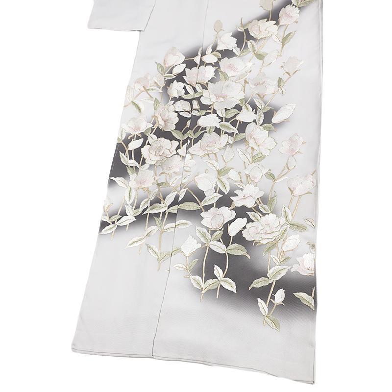 訪問着 尾我佐刺繍 手刺繍 正絹 白地 灰色 花 桜 友禅染 綸子 ぼかし 