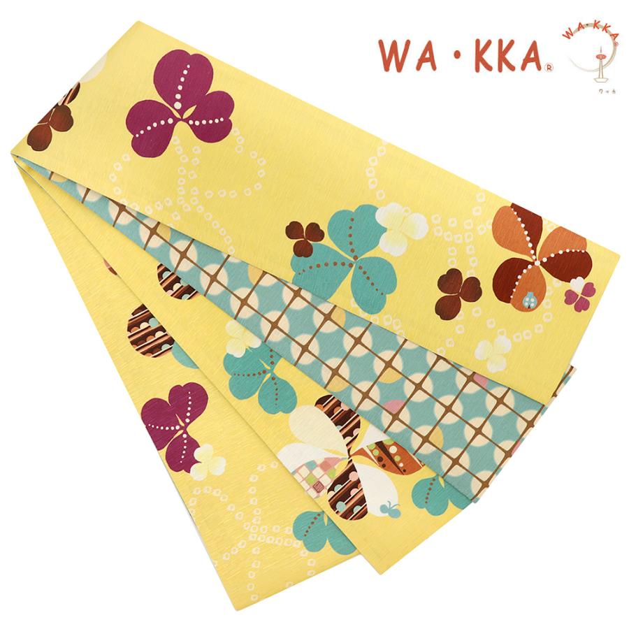 半幅帯 WA・KKA WAKKA ワッカ 「クローバー」 リバーシブル 正絹 黄色 緑 茶 四つ葉 格子 チェック 市松 和柄 縞 ボーダー 四角 No.88-2539