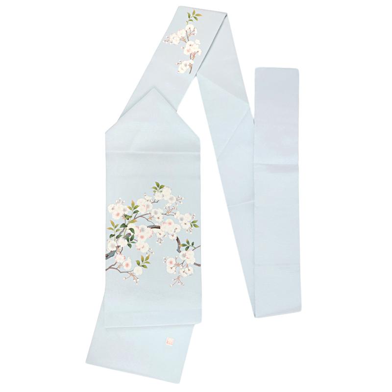名古屋帯 秀美 正絹 水色 桜 新品 未仕立て 浜ちりめん お洒落 大人