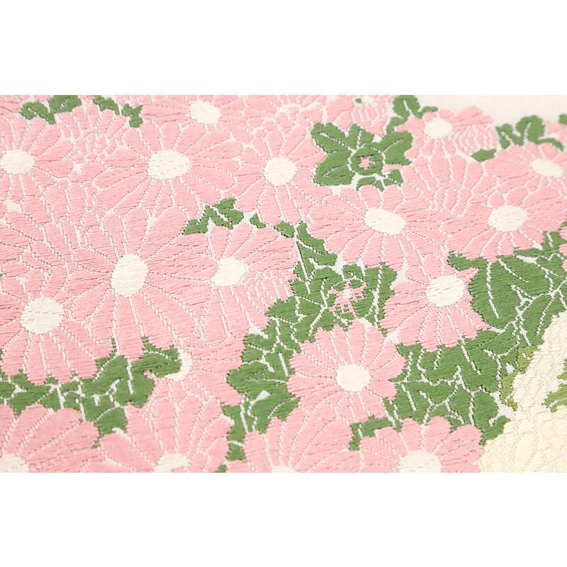 名古屋帯 山口美術織物 唐織 重陽菊 白地 ピンク 赤 白 緑 花 菊 新品