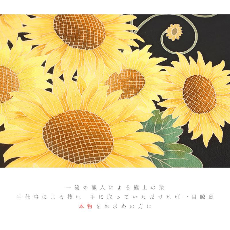 名古屋帯 夏物 十日町友禅 塩瀬 秀美 絽 丹後ちりめん 黒地 黄色 橙 緑 白 ひまわり 九寸 反物 正絹 本加工友禅 新品 未仕立て No.88-2589の画像