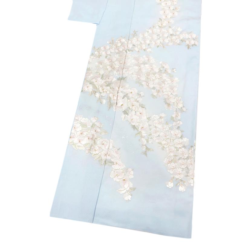 訪問着 手刺繍 正絹 丹後ちりめん 水色 白 金糸 花 桜 桜の木 さくら 