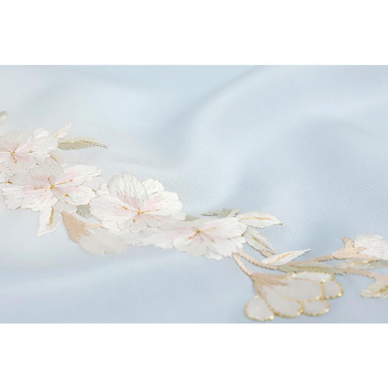 訪問着 手刺繍 正絹 丹後ちりめん 水色 白 金糸 花 桜 桜の木 さくら 