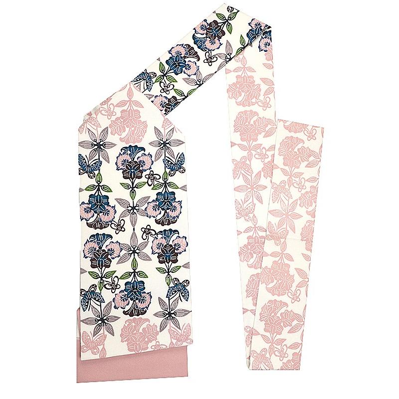 栗山吉三郎 名古屋帯 栗山紅型 和染紅型 紅型染 白地 赤ベージュ 蝶  