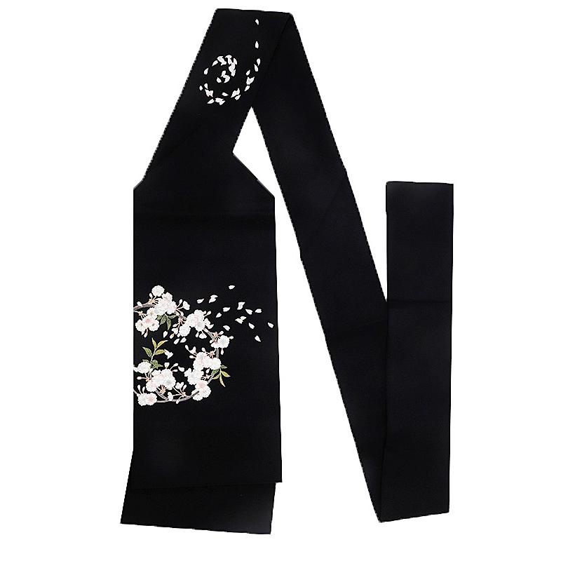 名古屋帯 十日町友禅 秀美 浜ちりめん 銀河 九寸帯 正絹黒地 ピンク 白 花柄 桜 桜の木 新品 未仕立て カジュアル シック おし No.88-2733の画像