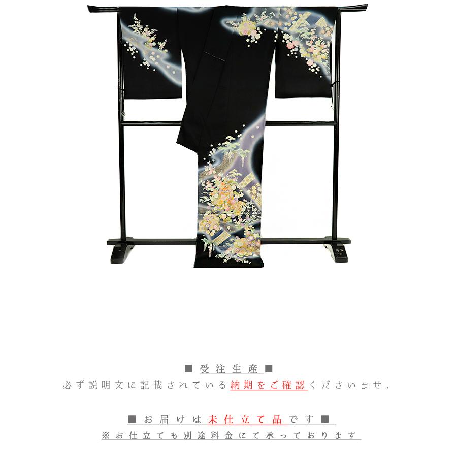 訪問着 吉澤友禅 十日町友禅 正絹 黒地 貝桶 桜 菊 牡丹 桔梗 菖蒲 楓 七宝 亀甲 古典 最高級丹後ちりめん 手描友禅 未仕立て No.88-2737の画像