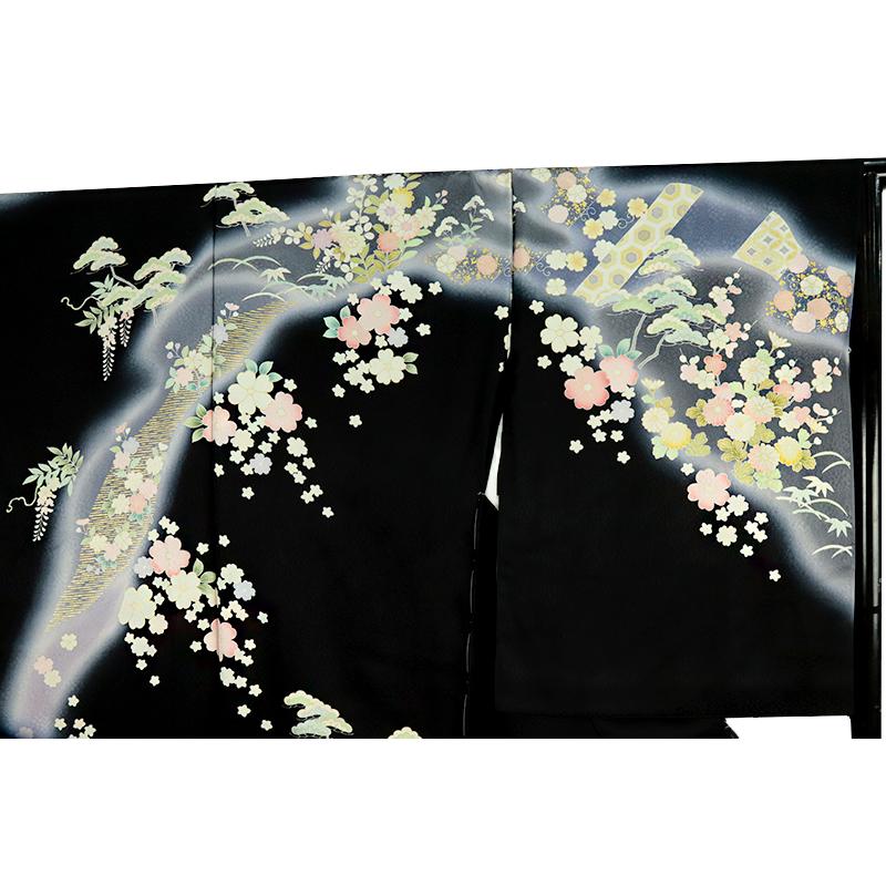 訪問着 吉澤友禅 十日町友禅 正絹 黒地 貝桶 桜 菊 牡丹 桔梗 菖蒲 楓 七宝 亀甲 古典 最高級丹後ちりめん 手描友禅 未仕立て No.88-2737の画像