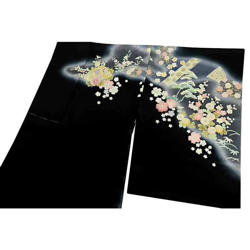 訪問着 吉澤友禅 十日町友禅 正絹 黒地 貝桶 桜 菊 牡丹 桔梗 菖蒲 楓 七宝 亀甲 古典 最高級丹後ちりめん 手描友禅 未仕立て No.88-2737の画像