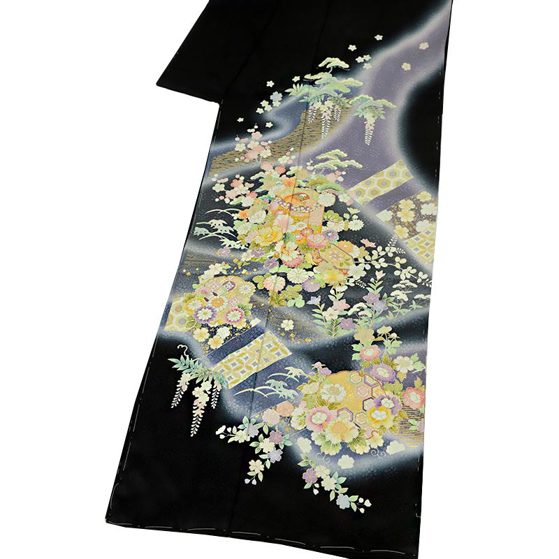 訪問着 吉澤友禅 十日町友禅 正絹 黒地 貝桶 桜 菊 牡丹 桔梗 菖蒲 楓 七宝 亀甲 古典 最高級丹後ちりめん 手描友禅 未仕立て No.88-2737の画像
