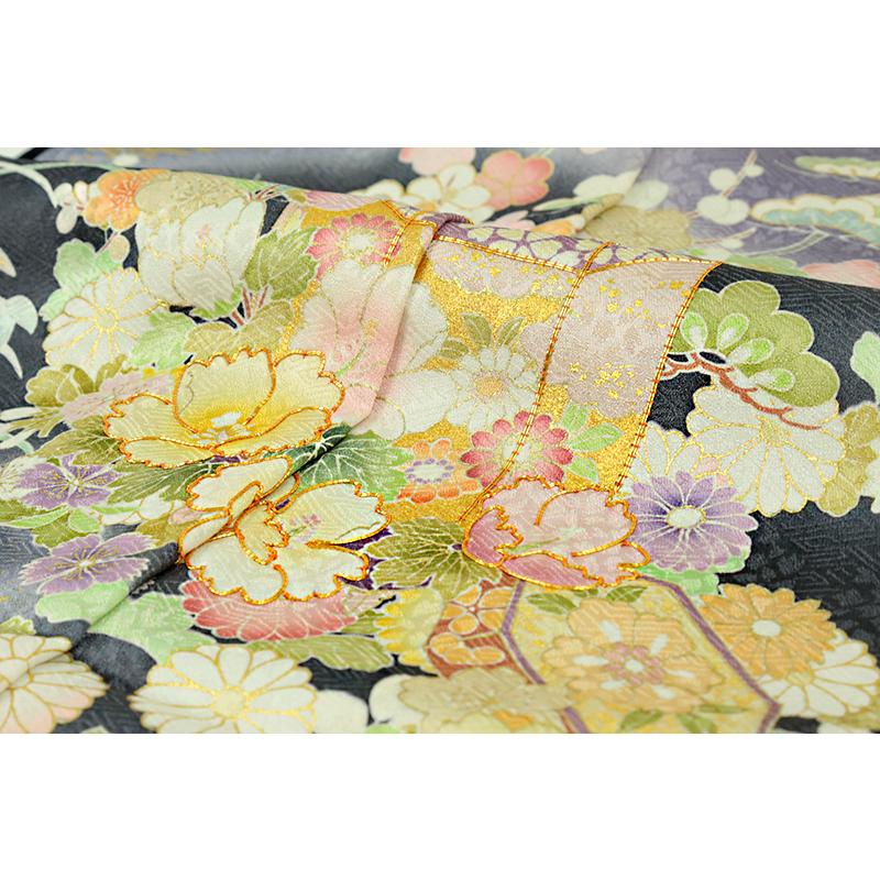 訪問着 吉澤友禅 十日町友禅 正絹 黒地 貝桶 桜 菊 牡丹 桔梗 菖蒲 楓 七宝 亀甲 古典 最高級丹後ちりめん 手描友禅 未仕立て No.88-2737の画像
