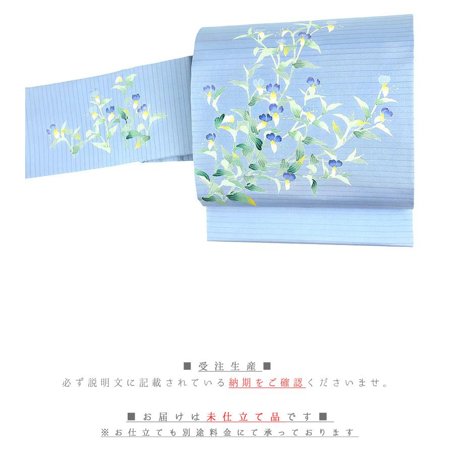 名古屋帯 夏帯 正絹カジュアル秀美 十日町友禅 夏塩瀬 絽 新品 未仕立て 水色 青 黄色 緑 花唐草 露草 五泉 友禅染 着物 受注生 No.88-3029の画像