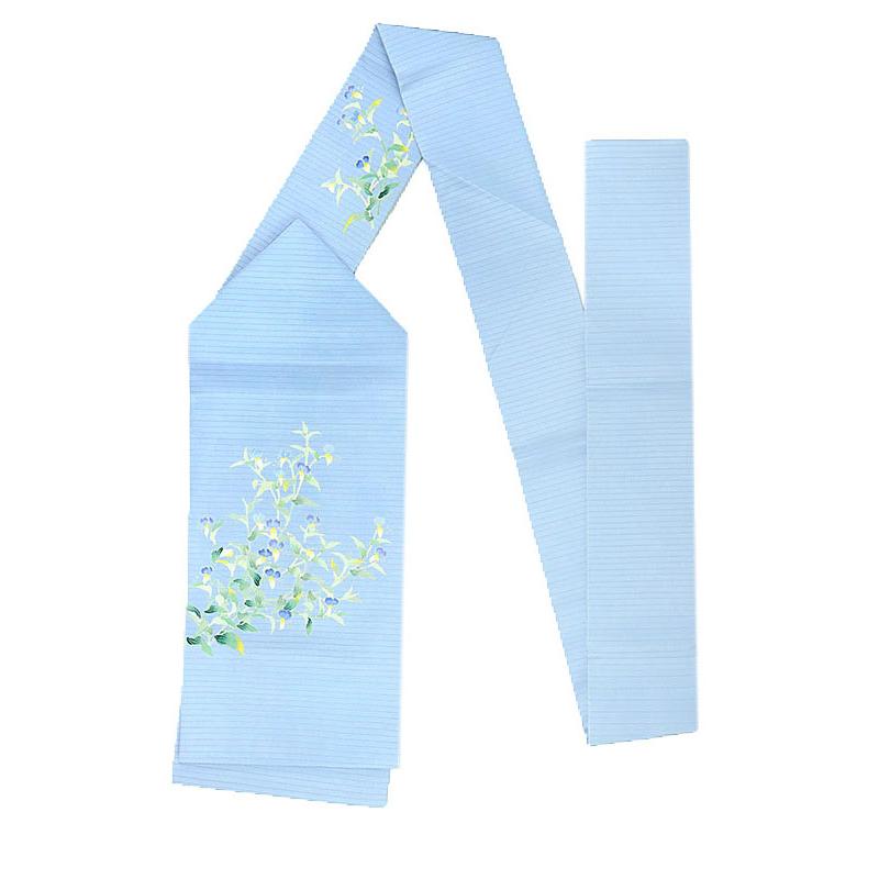 名古屋帯 夏帯 正絹カジュアル秀美 十日町友禅 夏塩瀬 絽 新品 未仕立て 水色 青 黄色 緑 花唐草 露草 五泉 友禅染 着物 受注生 No.88-3029の画像