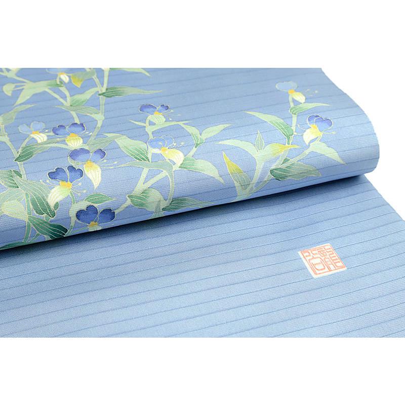 名古屋帯 夏帯 正絹カジュアル秀美 十日町友禅 夏塩瀬 絽 新品 未仕立て 水色 青 黄色 緑 花唐草 露草 五泉 友禅染 着物 受注生 No.88-3029の画像